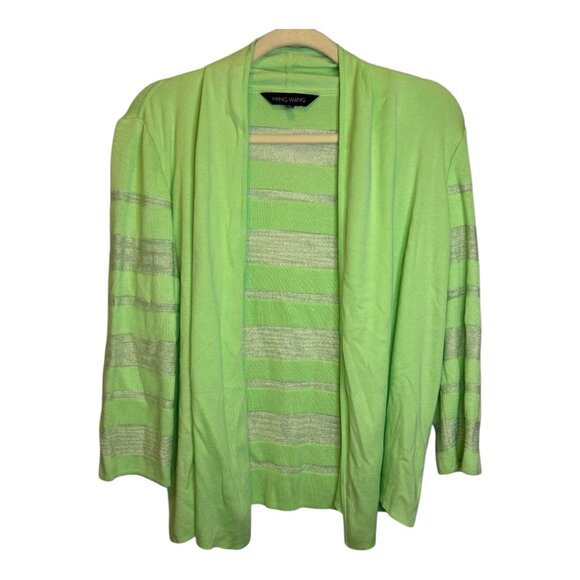 Ming Wang Sweater Women's Size Medium Petite Knit Cardigan Stripes Neon Green - Picture 1 of 4